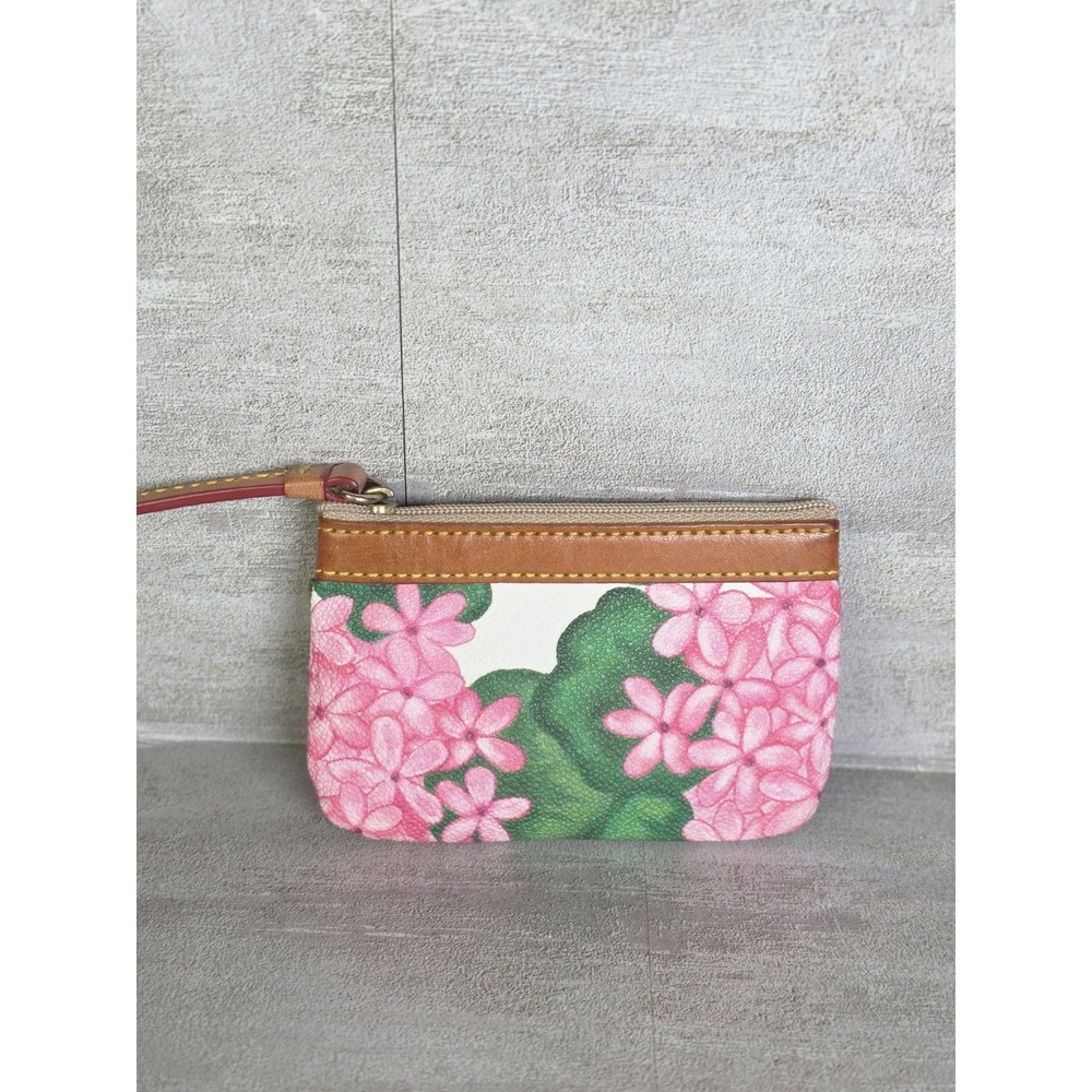 Dooney & Bourke pink Green floral print coin purse/zip card pouch brown Trim